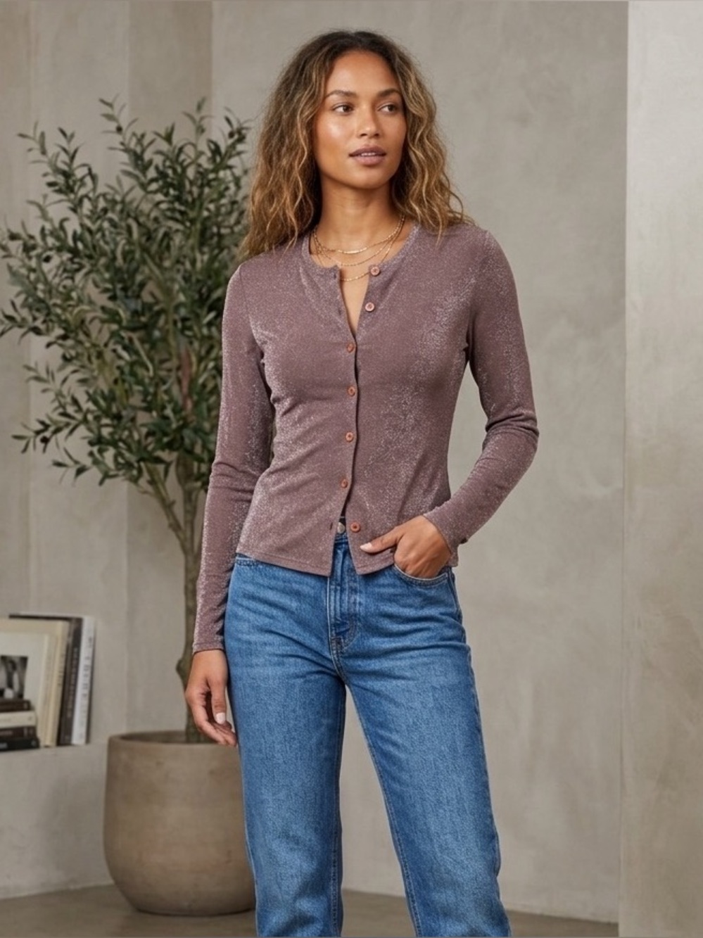 Long‎ Sleeve Shimmery Plum Button-Front Top XS